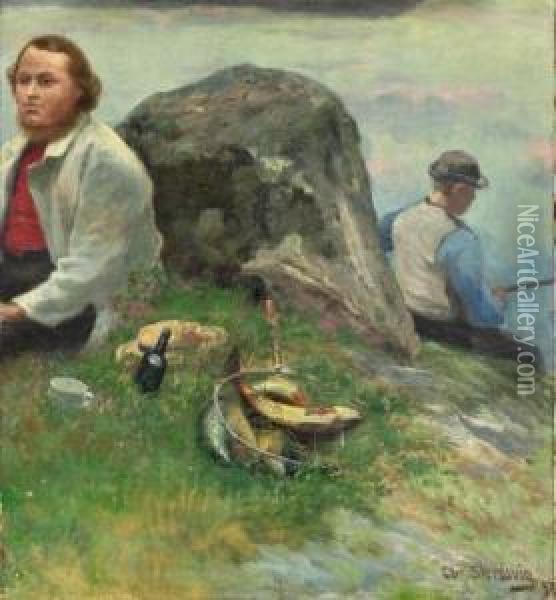 P. Chr. Asbjornsen Pa Tur Med Fiskergutt 1897 Oil Painting - Christian Eriksen Skredsvig