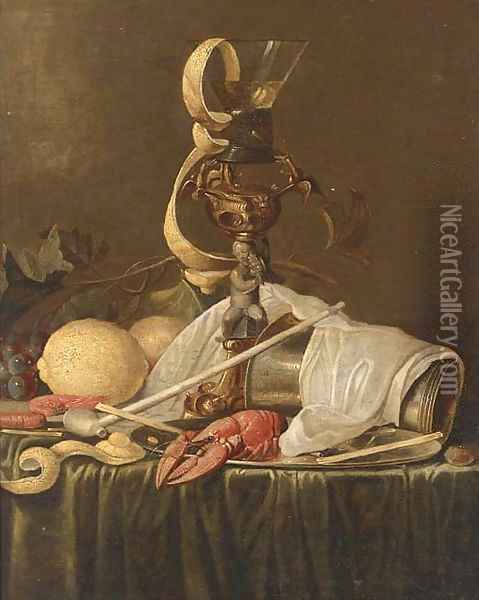 Lemons, grapes on the vine, prawns, a lobster on a pewter dish Oil Painting - Jan Davidsz. De Heem
