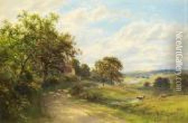 Sheep On A Country Lane, A River Valley Beyond Oil Painting - Roberto Angelo Kittermaster Marshall