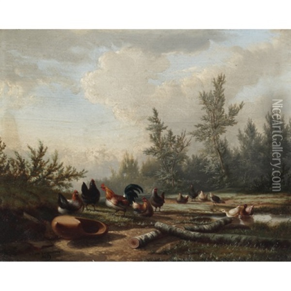 Poultry And Ducks By A Pond Oil Painting - Jean-Baptiste Leopold van Leemputten