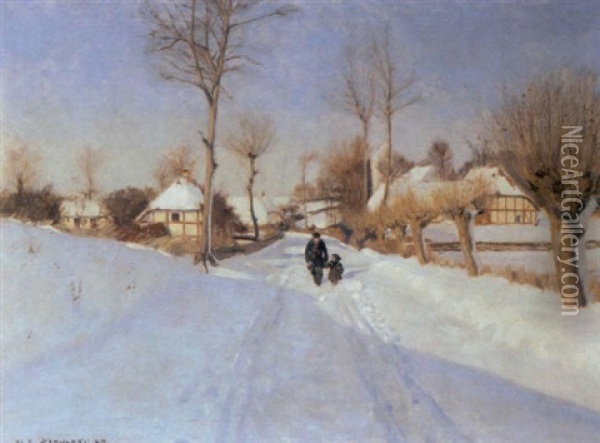 Landsby I Vinterlandskab Med Gaende Mand Og Lille Pige Oil Painting - Hans Andersen Brendekilde