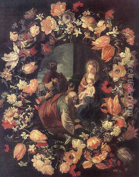 Adoration of the Magi (in Garland) Oil Painting - Carlo Maratti
