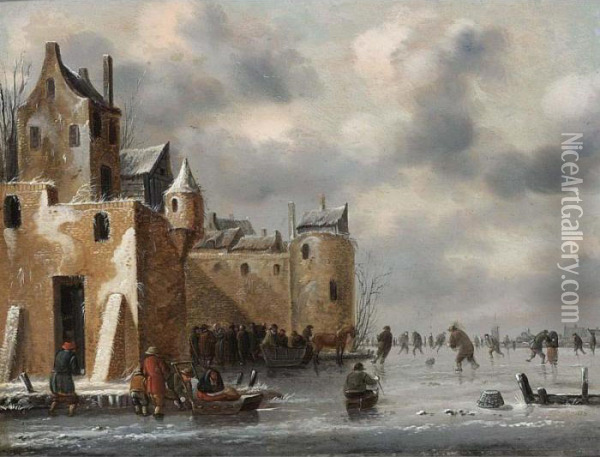 A Winter Landscape With Skaters And A Horse-drawn Sleigh Near Town Walls Oil Painting - Thomas Heeremans