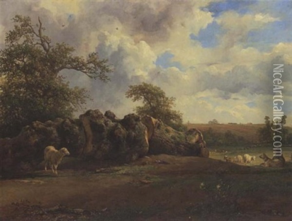 Hirte Mit Schafen Bei Einem Gefallten Baum Oil Painting - Jacques Raymond Bracassat