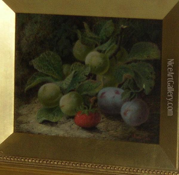 Greengages, Plums And A Strawberry Against A Mossy Bank Oil Painting - Oliver Clare