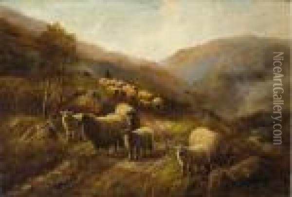 A Shepherd With His Flock In A Mountainous Landscape Oil Painting - Robert Watson