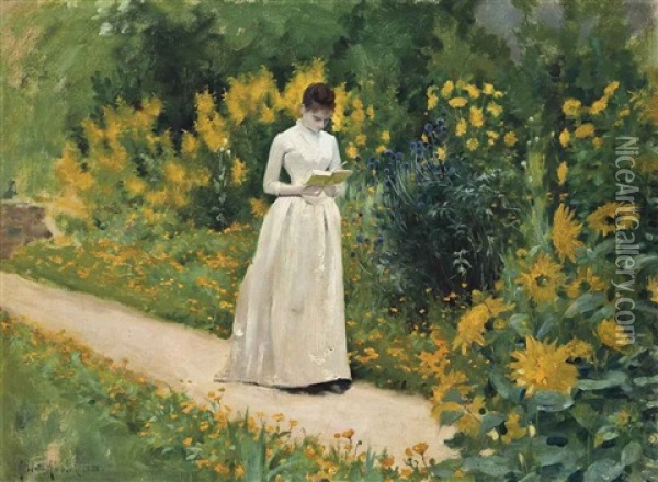 Reading On The Garden Path Oil Painting - Albert Aublet