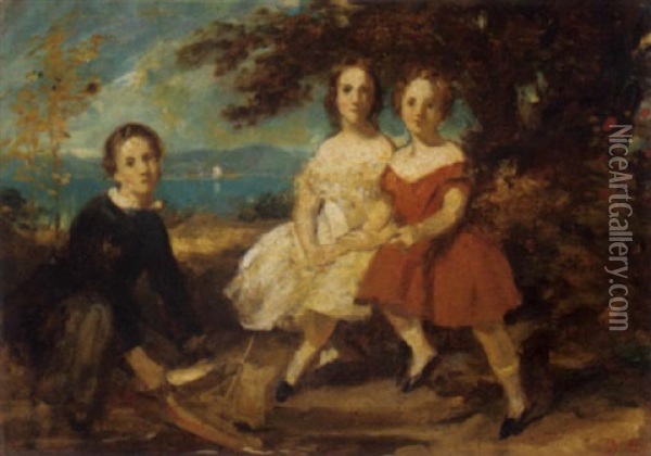 Portrait Of Three Children In A Lake Landscape Oil Painting - Daniel Maclise