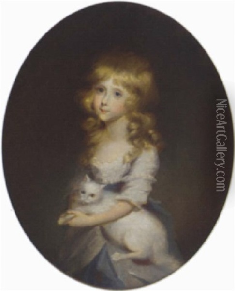 Portrait Of Jemima Carbery In A White Dress, Holding A Cat Oil Painting - Anne Mee