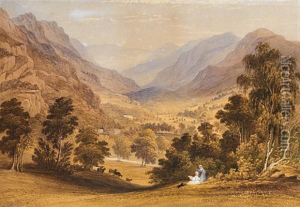Figures In A Highland Landscape Oil Painting - Anthony Vandyke Copley Fielding