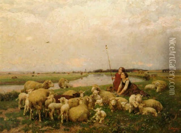 Jeunes Filles Gardant Le Troupeau; Les Agneaux De Printemps (young Girls Tending The Flock; The Spring Lambs) Oil Painting - Luigi Chialiva
