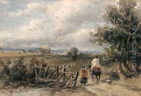 Figures Crossing a Bridge Oil Painting - David Cox