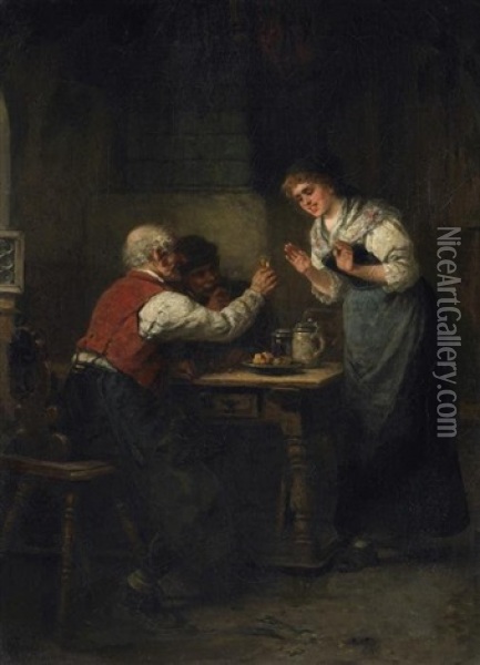 Im Wirtshaus. Alter Charmeur Offeriert Der Dankend Ablehnenden Wirtin Ein Glas Wein Oil Painting - Wilhelm Roegge