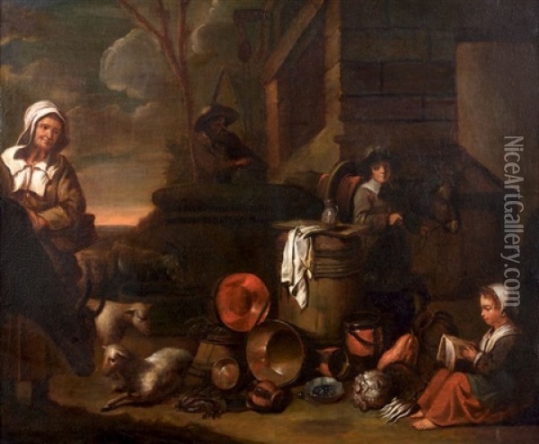 Famille De Paysans Devant Une Chaumiere Et Nature Morte Aux Cuivres Oil Painting - Abraham Willemsens