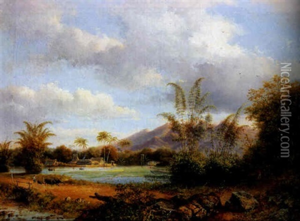 An Indonesian Sawah Landscape With A Kampong And A Cow Herd In The Foreground Oil Painting - Jacob Dirk Van Herwerden