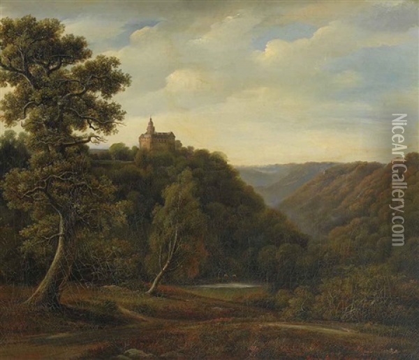 Waldlandschaft Mit Burghugel Oil Painting - August Becker