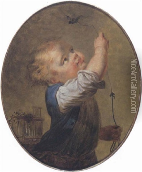 Portrait Of A Little Boy Playing With A Bird Oil Painting - Nicolas Bernard Lepicie