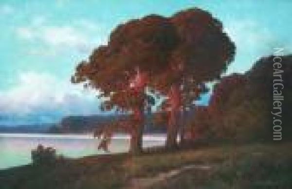 Markische Seenlandschaft Mit Rotlich Leuchtenden Kiefern Im Abendlicht Oil Painting - Rudolf Hellgrewe