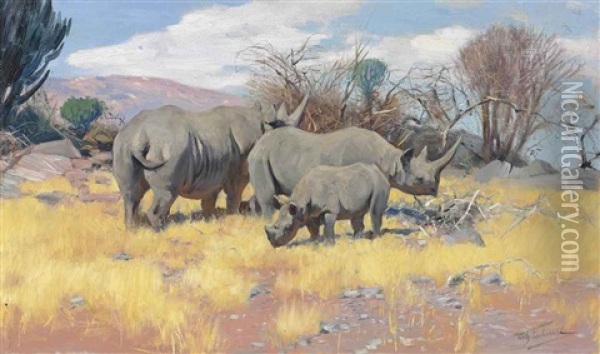 A Group Of Rhinoceros Oil Painting - Wilhelm Friedrich Kuhnert