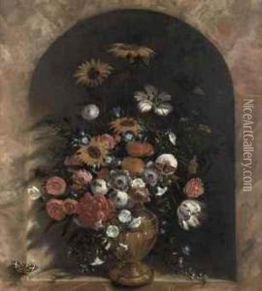 Sunflowers, Roses, Tulips And Other Flowers In A Guilded Vase In Atrompe-l'oeil Marble Niche Oil Painting - Laurens Vincentsz Van Der Vinne