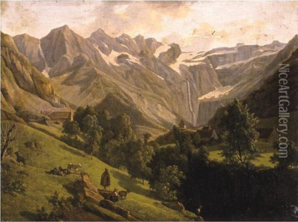 View Of The Canyon And Waterfall Of Gavarnie Oil Painting - Alexandre Louis R. Millin Du Perreux