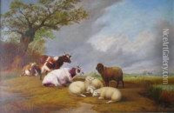 Cattle And Sheep By A Pool In A Wooded Landscape Oil Painting - G. Davis