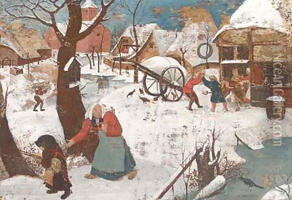 A winter landscape with peasants in a village Oil Painting - Pieter The Younger Brueghel