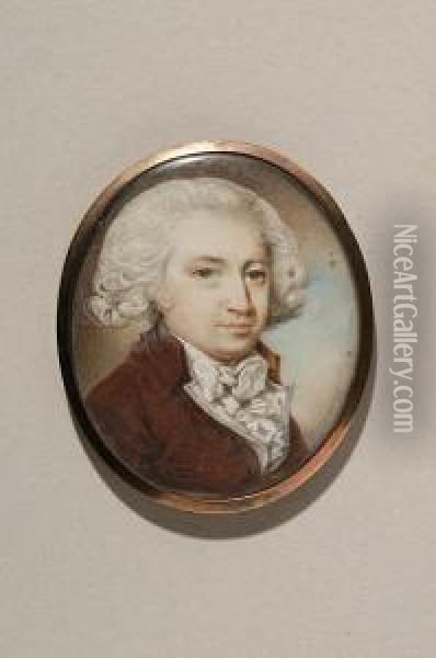 A Miniature Portrait Of A 
Gentleman Wearing A Brown Coat And White Cravat, Having Powdered Hair Oil Painting - George Engleheart