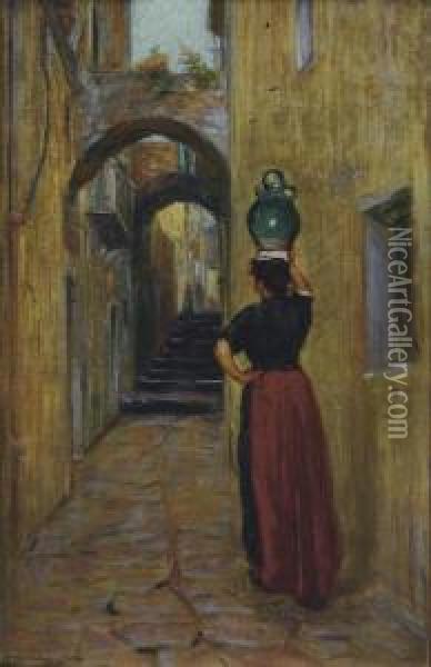 Balancing The Water Pitcher Through The Streets Of Capri Oil Painting - Frank Townsend Hutchens