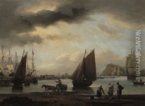 Dutch Shipping In Rough Seas Off The Coast Oil Painting - Frederick Calvert