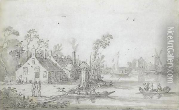 A River Scene With Rowing Boats, Cottages On The Shore And A Windmill In The Distance Oil Painting - Esaias Van De Velde