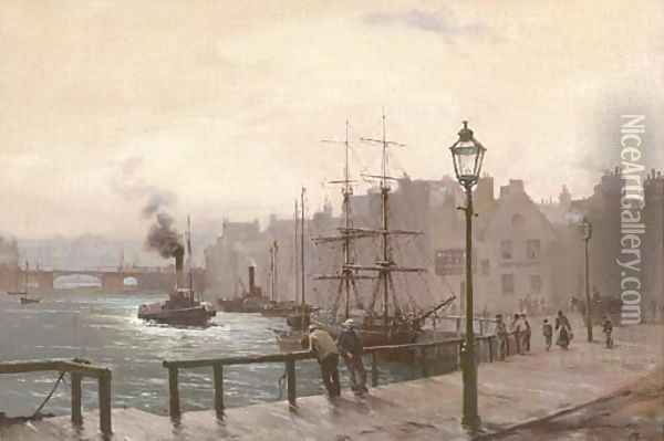 A busy harbour, figures on the quay in the foreground Oil Painting - English School