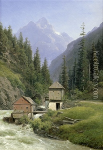 Sommerliche Berglandschaft In Tirol Mit Einer Wassermuhle Am Flus Oil Painting - Georg Emil Libert