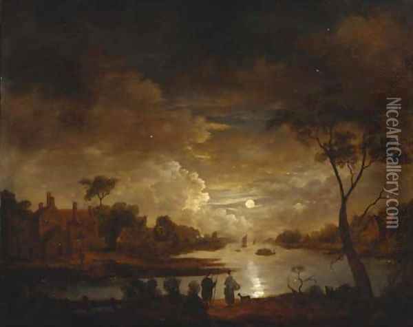 A moonlit river landscape with figures on a track, cottages beyond Oil Painting - Aert van der Neer