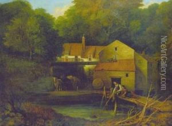 Fishing At The Bridge Oil Painting - Thomas Miles Richardson