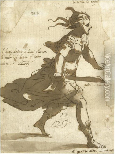 Costume Design For A Female Figure In A Masquerade Oil Painting - Luca Cambiaso