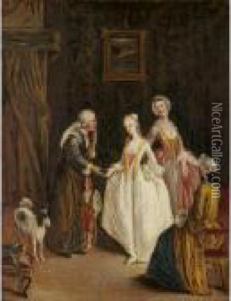 An Interior With An Elderly Lady And Her Child Receiving Charity From Three Young Ladies Oil Painting - Pietro Longhi