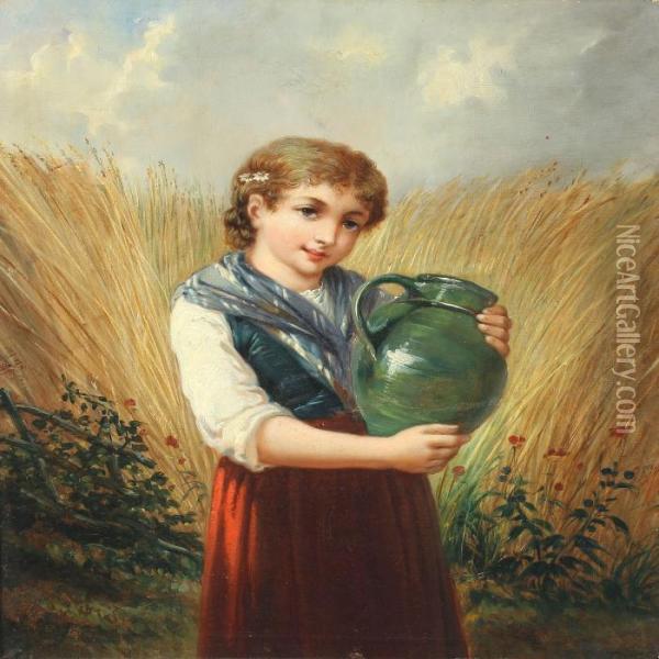 Girl With Water Jug Standing In A Cornfield Oil Painting - Jules Leonard