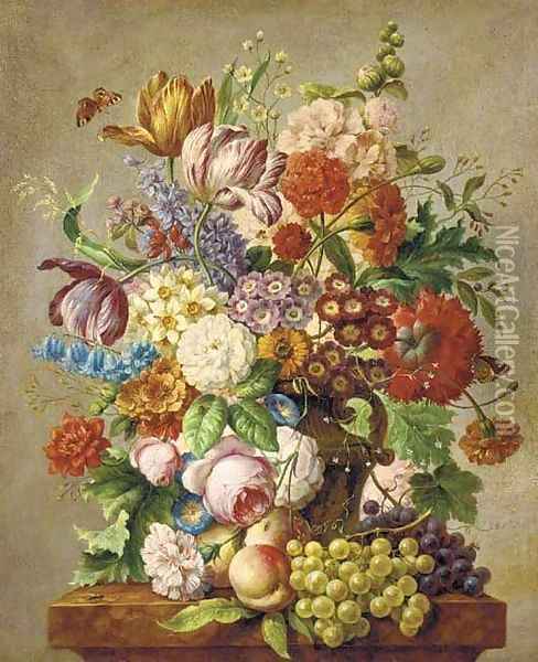 Assorted summer flowers in a vase on a stone ledge Oil Painting - Josef Nigg