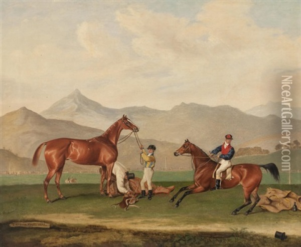 Zarah & Jumping Jenney On The Gallops Before Mountains Oil Painting - Thomas Weaver