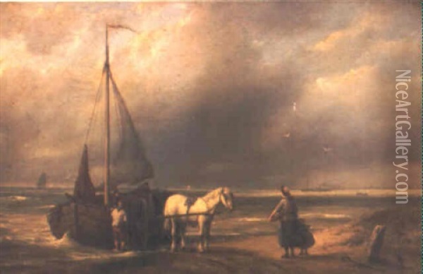 Pescadores En La Playa Oil Painting - Hendrik Barend Koekkoek
