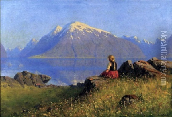 Utsikt Over Fjord, I Forgrunden Sittande Flicka Oil Painting - Hans Dahl