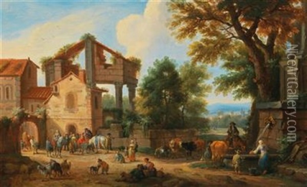 Travellers Outside The Gate Of A Town Oil Painting - Mathys Schoevaerdts