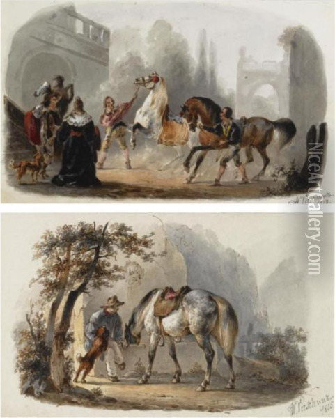 Four Watercolours Depicting Figures With Their Animals Oil Painting - Wouterus Verschuur