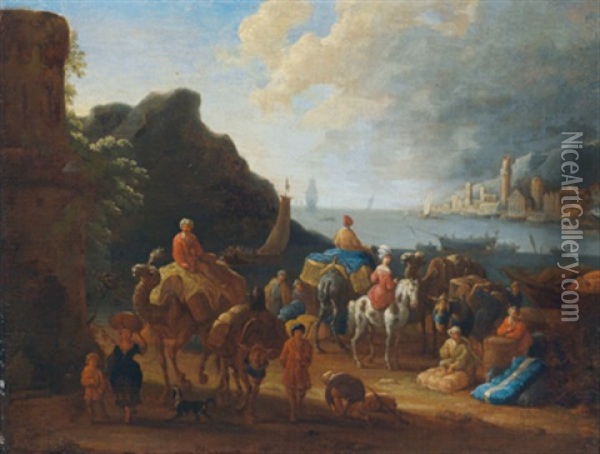 Ein Sudlicher Seehafen Mit Orientalisch Gkleideten Figuren Und Einem Reiter Auf Einem Dromedar Oil Painting - Jan-Baptiste van der Meiren