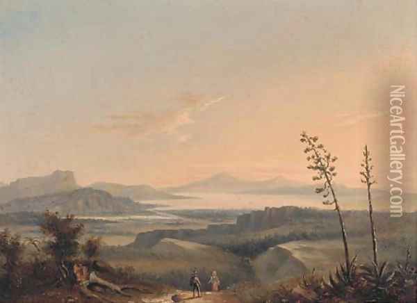 Figures returning home in an Italianate landscape Oil Painting - Italian School