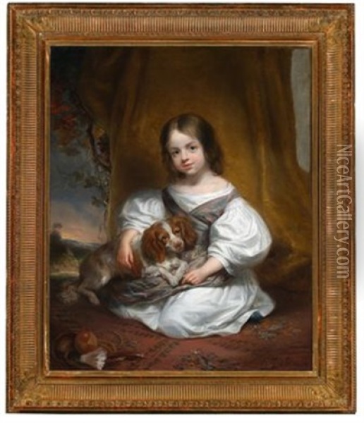 Portrat Eines Kleinen Madchens, Das Mit Seinem Hund Unter Einem Baum Sitzt Oil Painting - Herminie Deherain