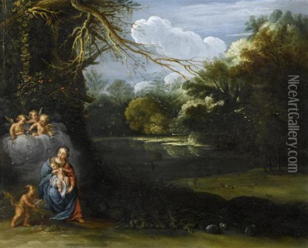 Madonna And Child With Angels In A Landscape. Oil Painting - Adam Elsheimer