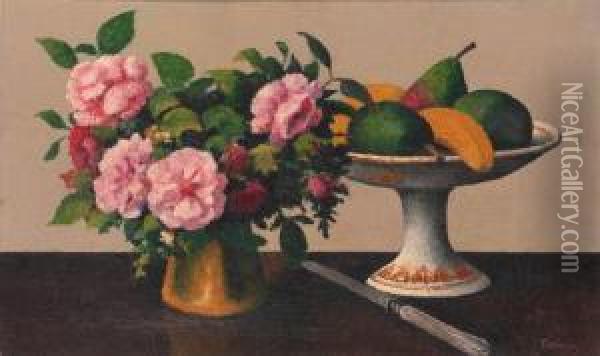 A Still Life With Flowers And Fruit Oil Painting - Felix Elie Tobeen