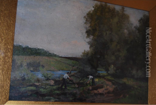 Study Of Woodcutters On A River Bank Oil Painting - George A. Boyle